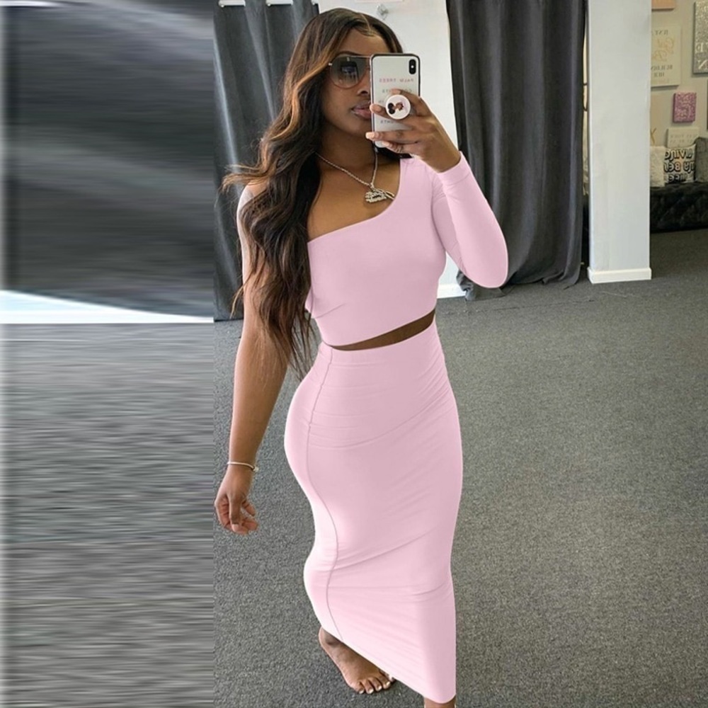 Two Piece Set Crop Top Sleeve One Shoulder Midi Skirt Bodycon Streetwear